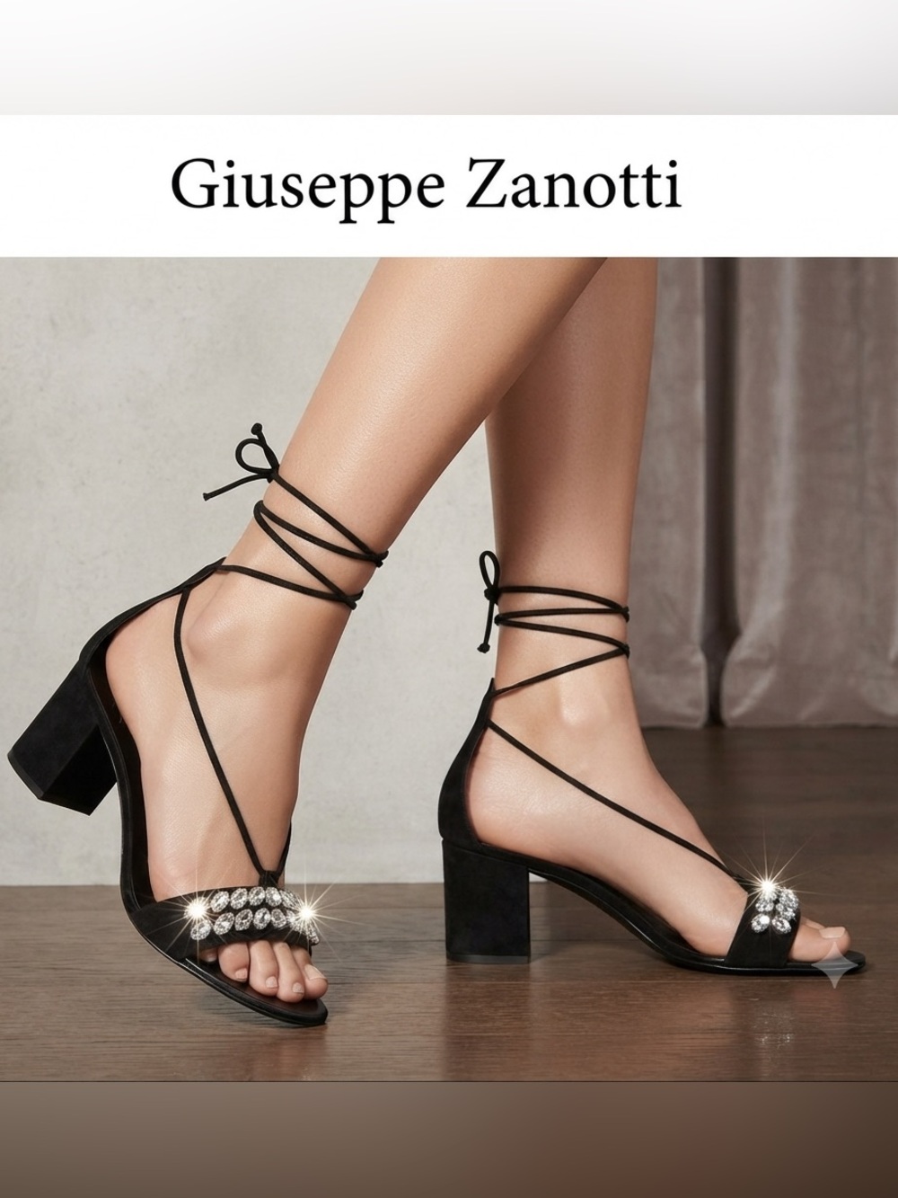 EUC Giuseppe Zanotti Black Suede Crystal Lace-Up Block Heel Sandals